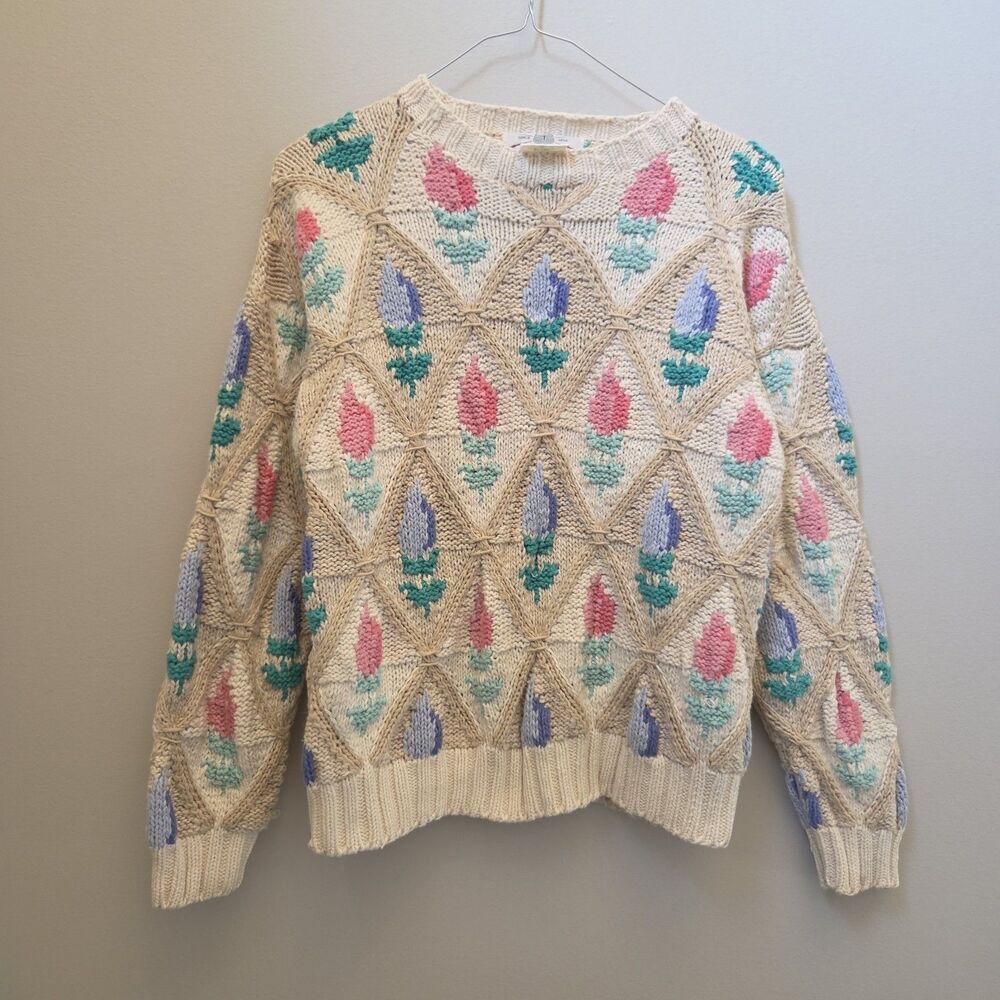 Vtg Orvis Pastel Floral Tulip Sweater Chunky Knit Coquette Cottage Whimsy Spring